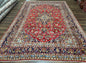 Persian Kashan Rug 9x12, Red Navy Blue, Allover Floral Medallion & Corner Design, Handmade Wool Oriental Carpet, Semi Antique Traditional Carpet