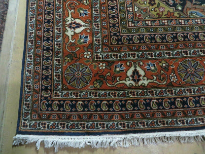 Indo Persian Rug 9x12, Semi Open Field Medallion, Ivory Tomato Red Navy Blue, Hand Knotted Indian Oriental Wool Carpet 9 x 12 ft, Room Sized