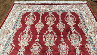 Dark Red Silk Carpet 5.3 x 7.6 ft, 5x8 Silk Rug, New Turkish Silk Carpet, Mint Condition, Beige & Red Area Rug, Bamboo Silk, High Quality