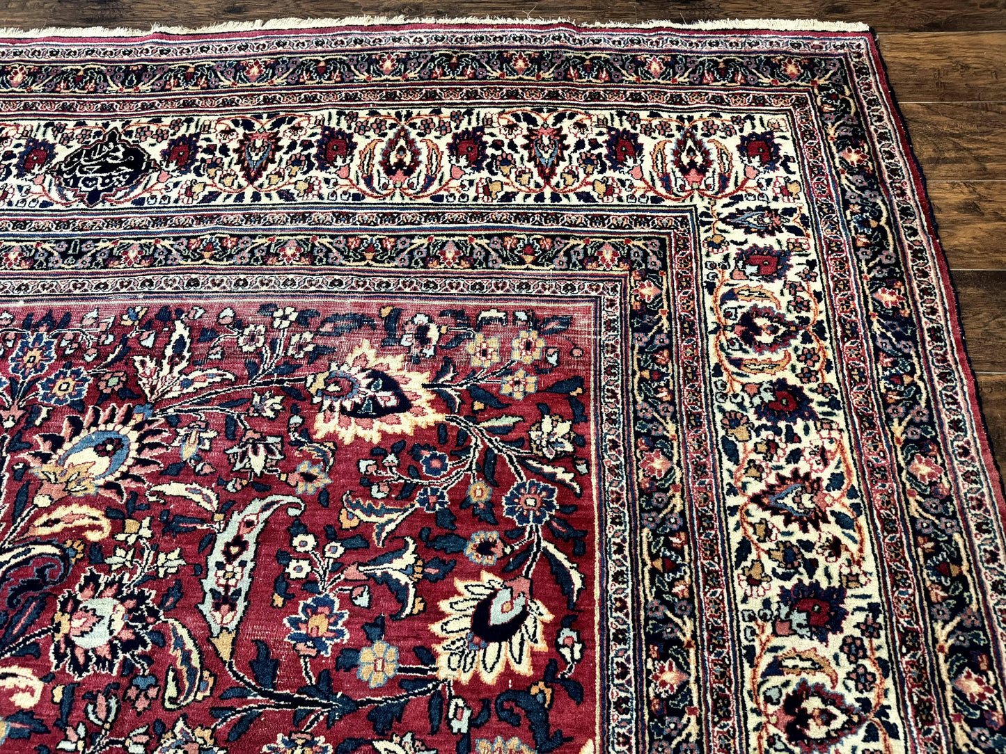 Antique Persian Mashad Rug 10x12, Red and Ivory, Signed by Master Weaver
