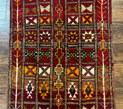 Moroccan Berber Tribal Rug 3x5, Geometric Area Rug, Red Orange Brown
