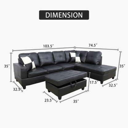 Black L Shaped 3 Piece Faux Leather Sofa Set With Storage Ottoman