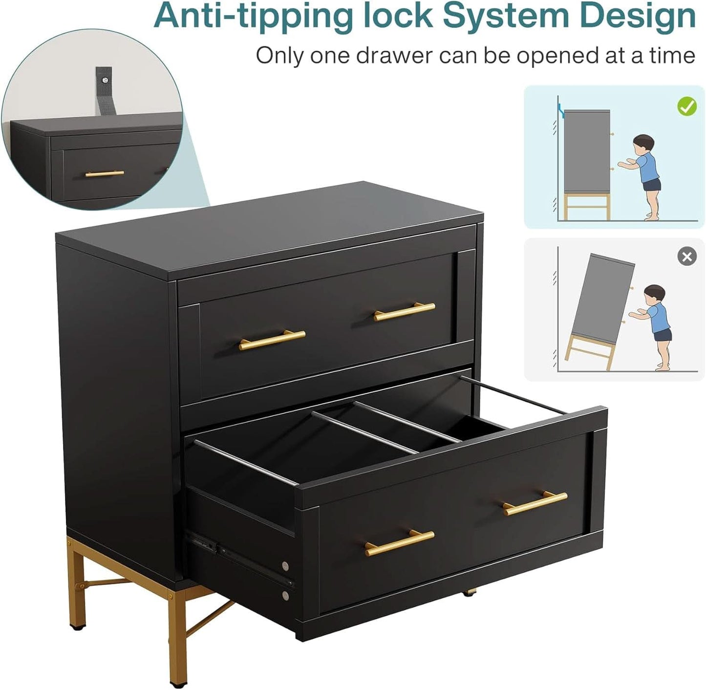 Black Gold 2 Drawer Lateral File Cabinet For Home Office