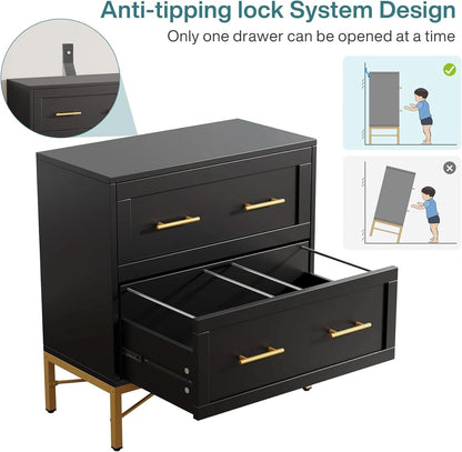 Black Gold 2 Drawer Lateral File Cabinet For Home Office