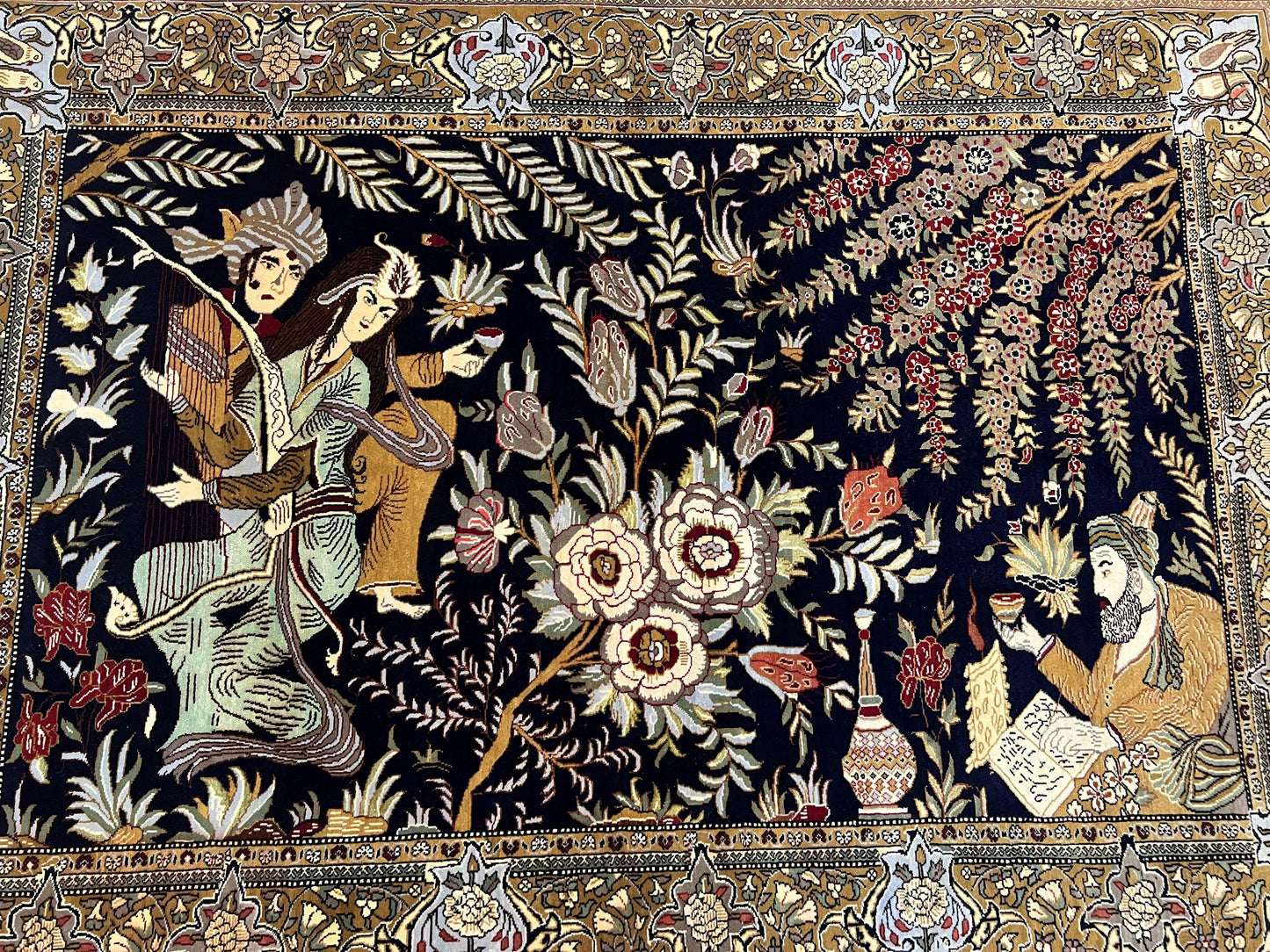 Persian Qum Pictorial Rug 4.8 x 6.5 - Layla & Majnun, Birds