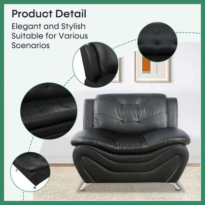 Leather Sofa Set 3 Piece With Loveseat And Armchair For Living Room Black