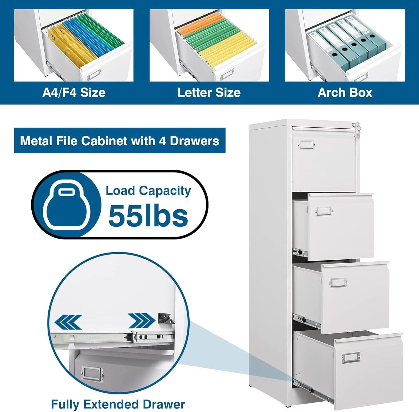 White 4 Drawer File Cabinet With Lock 16 Inch Deep