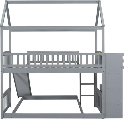 Gray Twin Loft Bunk Bed With Slide And Stairs Storage