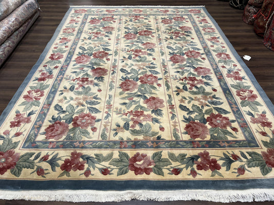 Chinese Wool Rug 8x11, Vintage 1960s Carpet, Cream and Teal, Floral Garden Panel, 8 x 11 ft Area Rug, Soft Handmade Room Sized 120 Line Rug