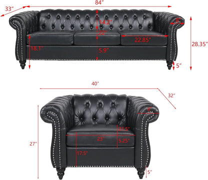 Modern Black Faux Leather Tufted Sofa and Chair Set
