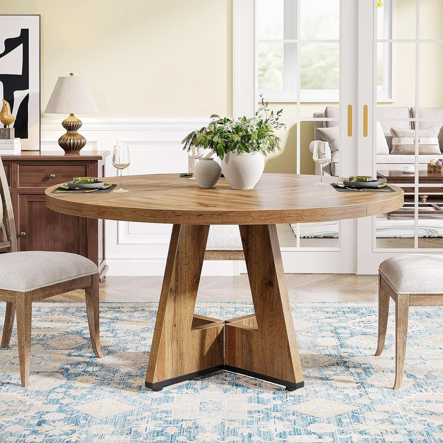 Round Dining Table Wood 47 Inch Burlywood Finish Farmhouse