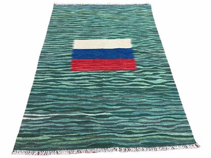 Sea Green Kilim Area Rug, White Blue Red Stripes, Russian Flag Rug, Flatweave Hand Knotted Carpet, Turkish Carpet, Wool, New, 5' 6" x 7' 10"