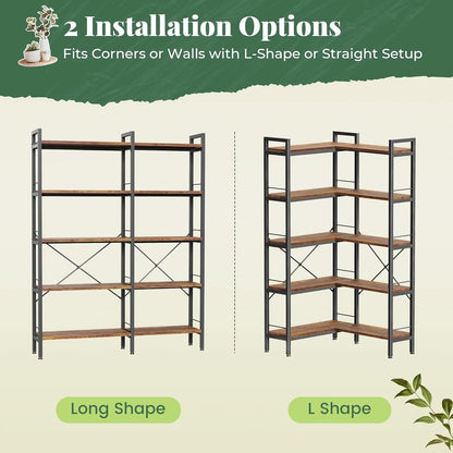 L Shaped Corner Bookshelf 49 Inch Rustic Brown Wood Metal Frame