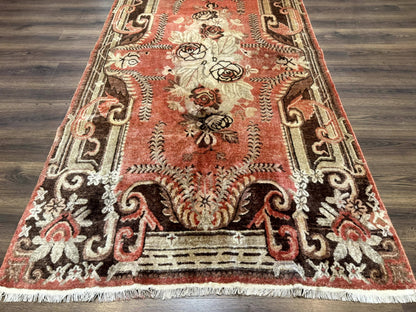 Khotan Rug 5x9, Terracotta and Brown, Floral, Chinese Wool Carpet, Antique Rug