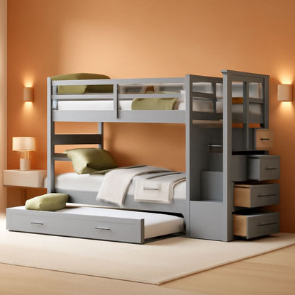 Natural Gray Twin Bunk Bed With Trundle And Stairs