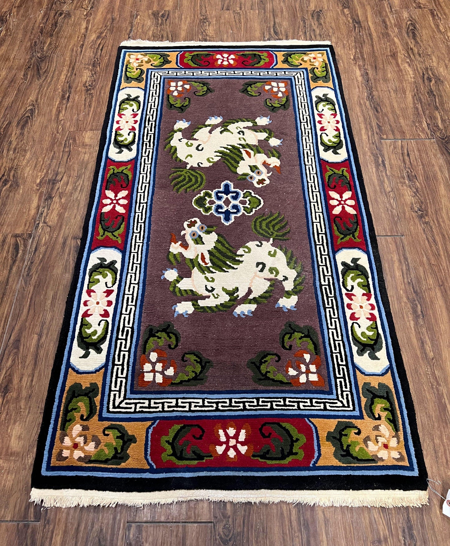 Chinese Art Deco Rug 3 x 5.5 with Animal Pictorials, Vintage Chinese Peking Wool Area Rug, Dark Puce Maroon Ivory, Hand Knotted Soft Carpet