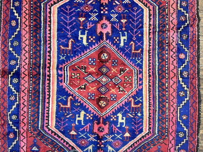 Persian Tribal Rug 5x7, Wool Handmade Vintage Hamadan Nahavand Carpet, Red & Navy Blue, Animal Motifs, Geometric Oriental Rug 5 x 7