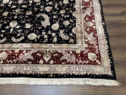 Sino Persian Rug 9x12, High Quality Oriental Carpet, Black and Maroon, Wool and Silk, Allover Floral Pattern, Hand Knotted, Vintage Rug Nice
