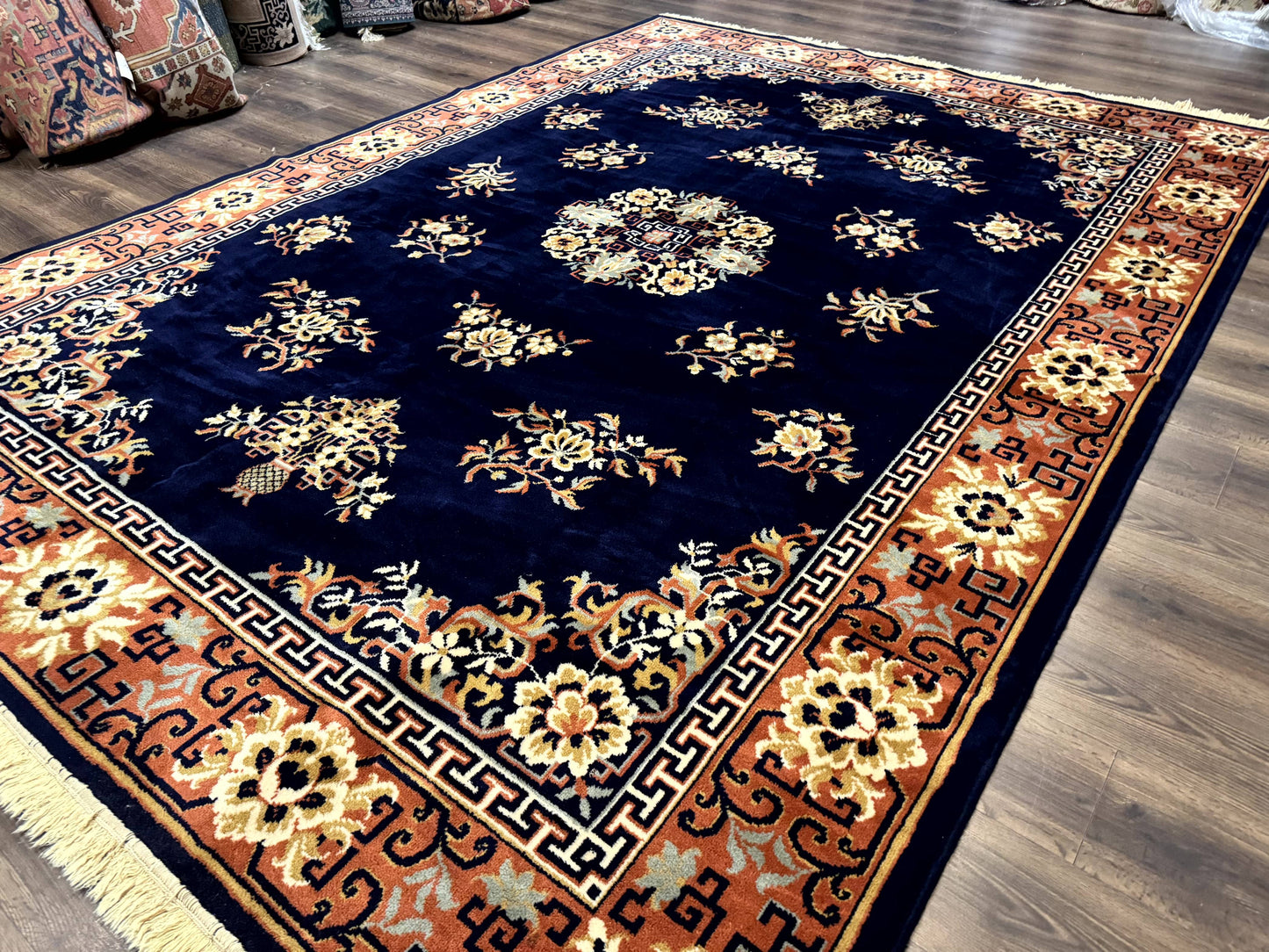 Chinese Wool Rug 8x11, Navy Blue and Terracotta, Floral, Couristan Belgium Power Loomed Carpet