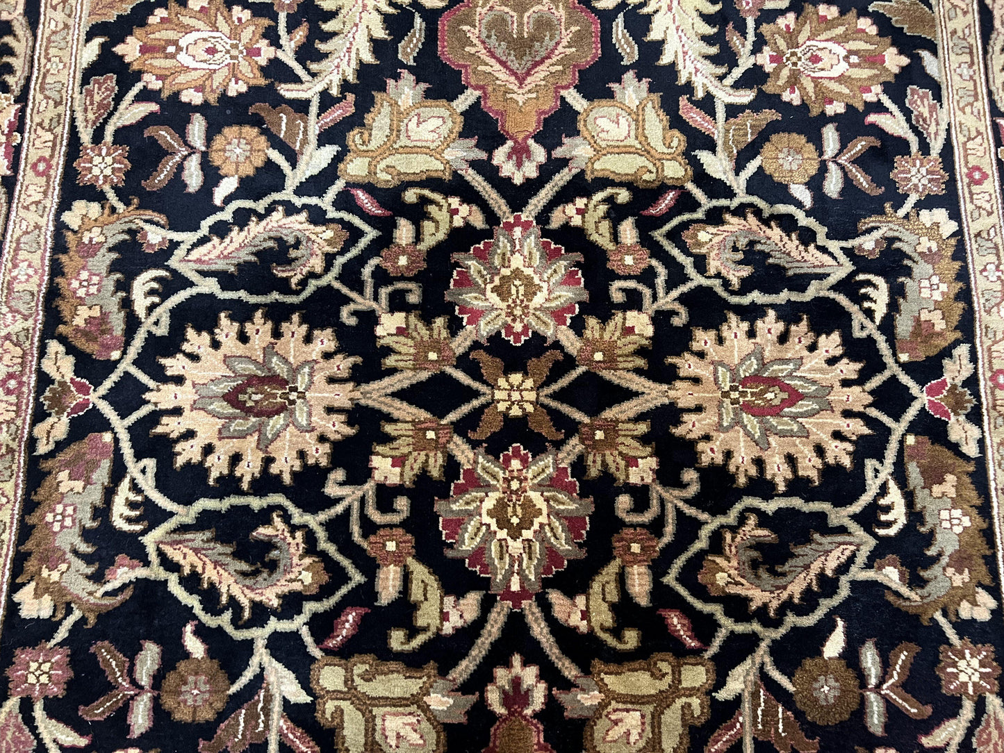 Indo Mahal Sultanabad Rug 8x11, Vintage Indian Oriental Carpet, Wool Handmade Floral Rug 8 x 11 ft, Black Beige Tan, Large Flowers Allover