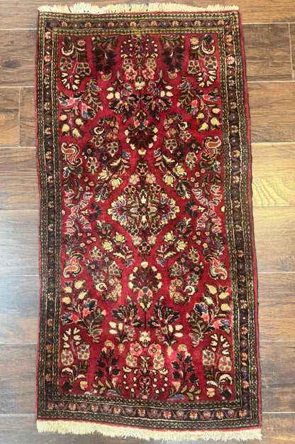 Small Persian Sarouk Rug 2x4, Floral, Red Hand Knotted Wool Traditional Oriental Carpet, Antique Persian Rug 2 x 4