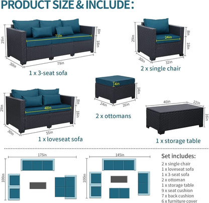 Patio Furniture Set 7 Piece Peacock Blue Anti Slip Cushions