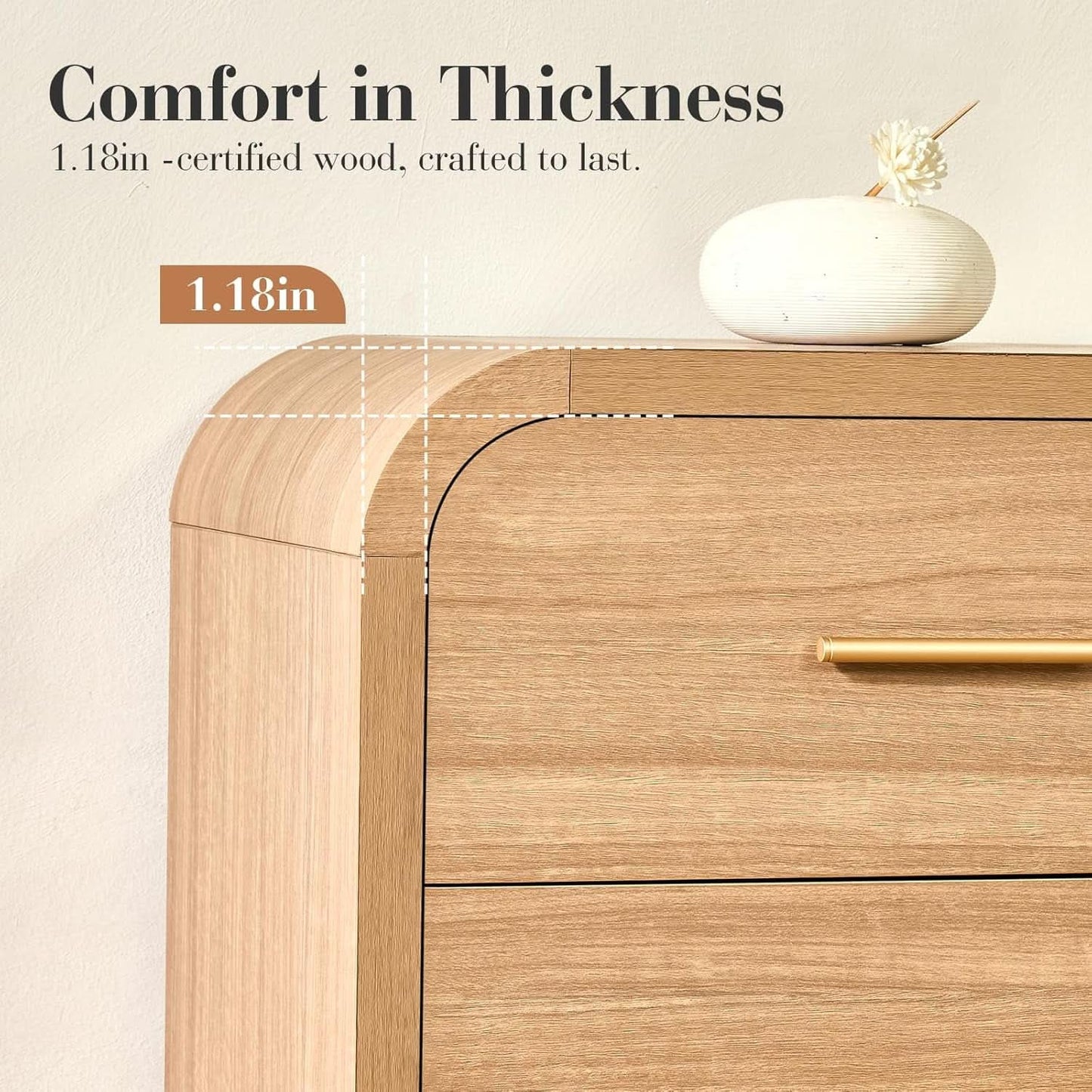 SolidOak Curved Nine Drawer Dresser SixtyThreeInches