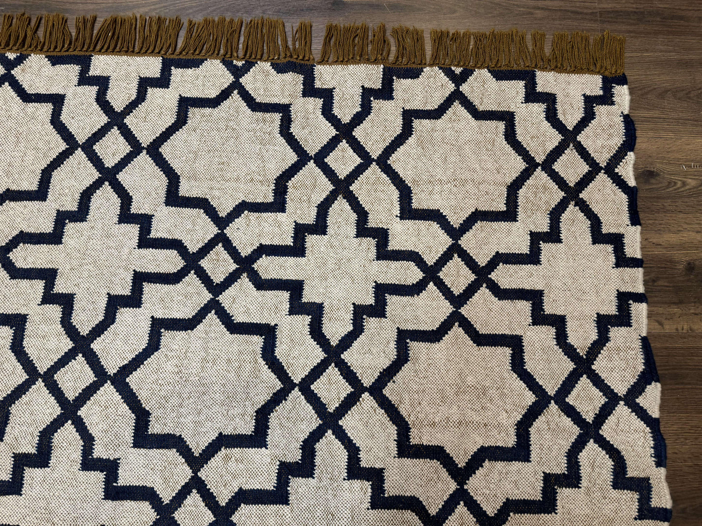 Indian Kilim Rug 8x10, Oat and Navy Blue, Dhurrie Carpet, Handmade, Wool
