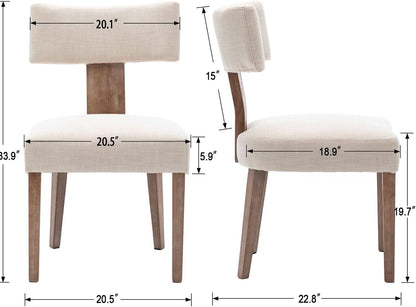 Beige Upholstered Linen Dining Armchairs Wood Legs
