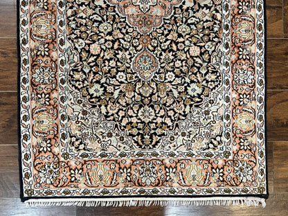Silk Indian Kashmiri Rug 3x5, Indo Persian Silk on Silk Carpet, Very Fine 350 KPSI, Navy Blue, Handmade, Floral Medallion