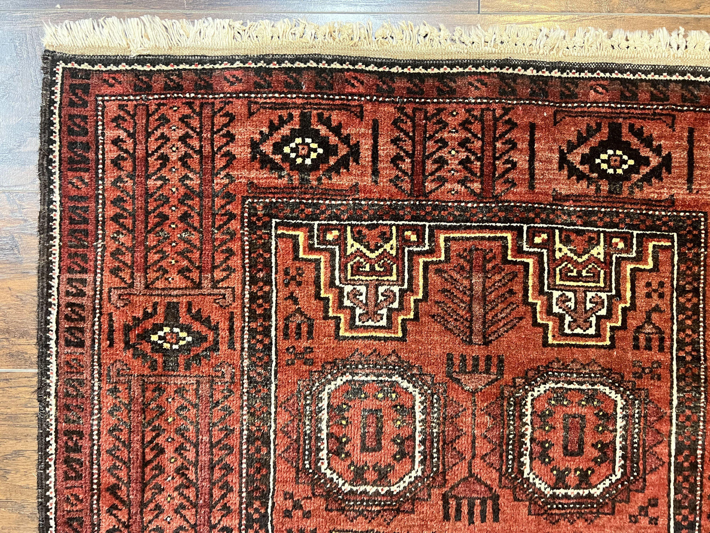 Antique Persian Turkoman Rug 3x6, Wool Tribal Handmade Carpet, Red and Black