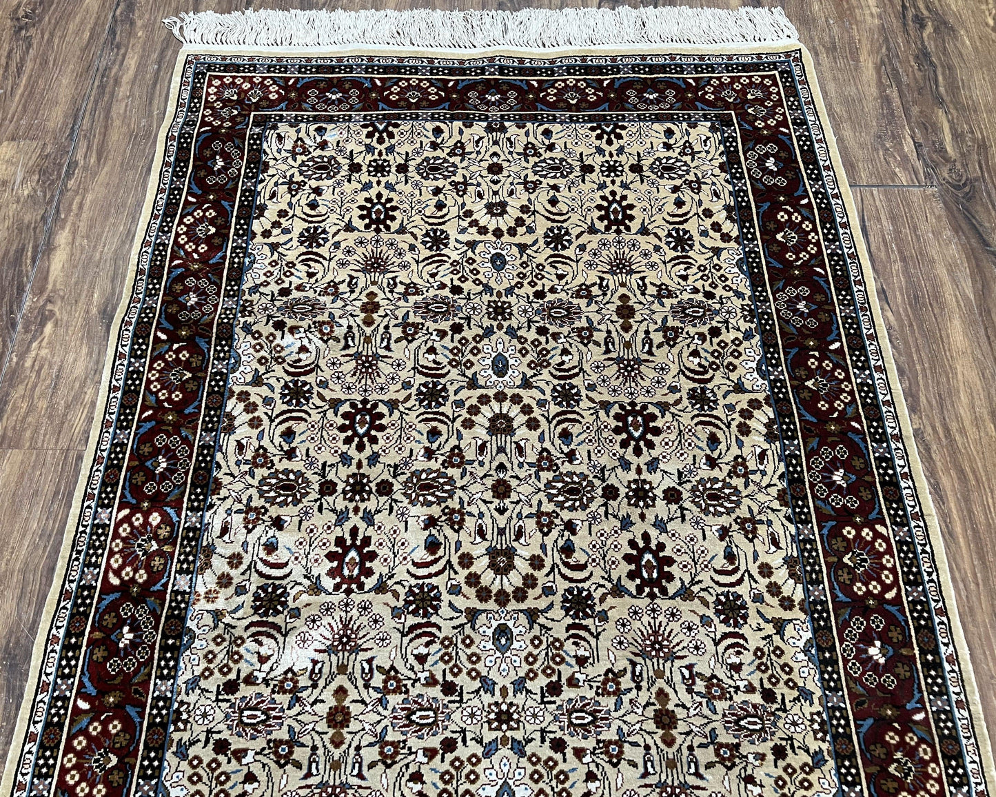 Fine Sino-Persian Silk Rug 3x5, High Quality Silk Carpet, Handmade Small Silk Rug, Allover Repeated Motif, Tan Maroon Blue Vintage Silk Rug