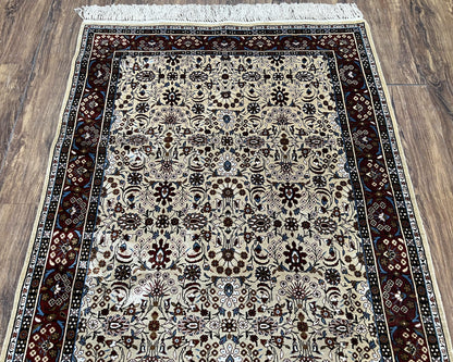 Fine Sino-Persian Silk Rug 3x5, High Quality Silk Carpet, Handmade Small Silk Rug, Allover Repeated Motif, Tan Maroon Blue Vintage Silk Rug