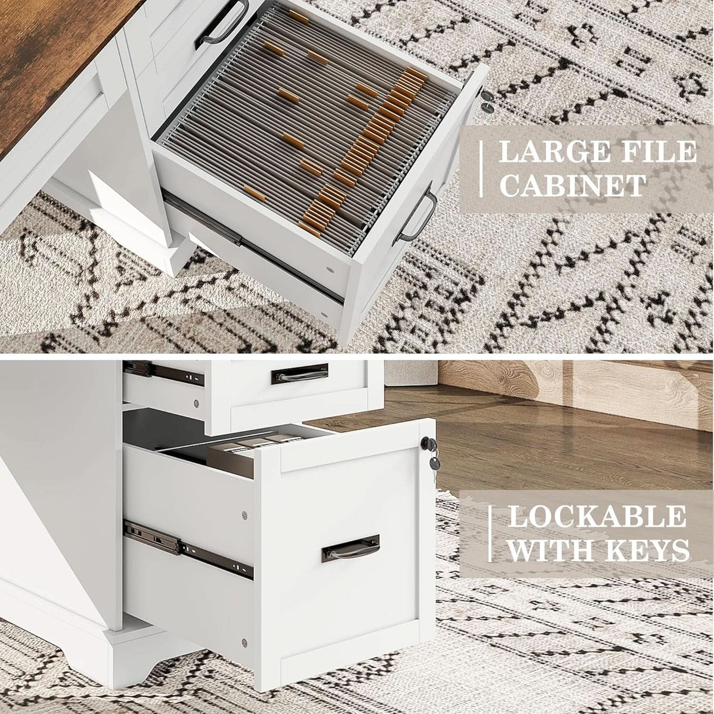 55 Inch Farmhouse Executive Desk With File Cabinet And Power Outlets