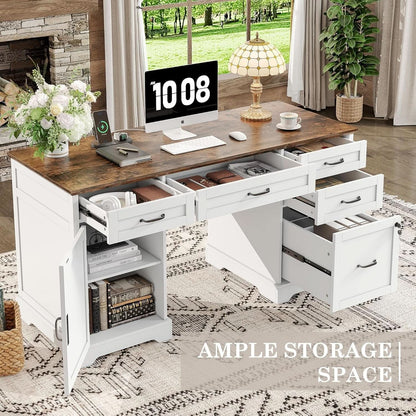 55 Inch Farmhouse Executive Desk With File Cabinet And Power Outlets