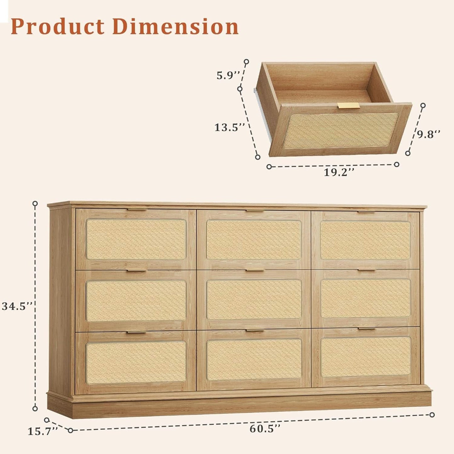 60 Inch SolidOak BohoInspired Dresser With Drawers