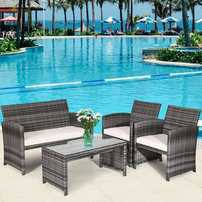 4 Piece Wicker Patio Conversation Set With Soft Cushions