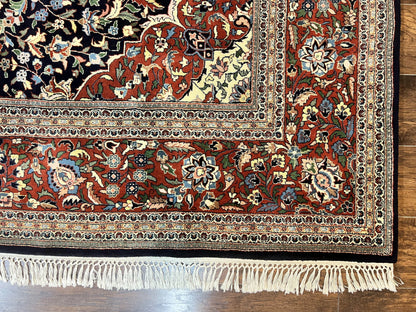 Indo Persian Rug 8x10, Floral Medallion, Vintage Handmade Wool Carpet, Navy Blue and Red, Fine 300 KPSI