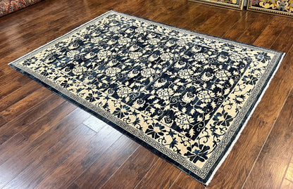 Sino Persian Rug 6x9, Hand Knotted Wool Carpet, Floral Allover, Blue Cream-Tan