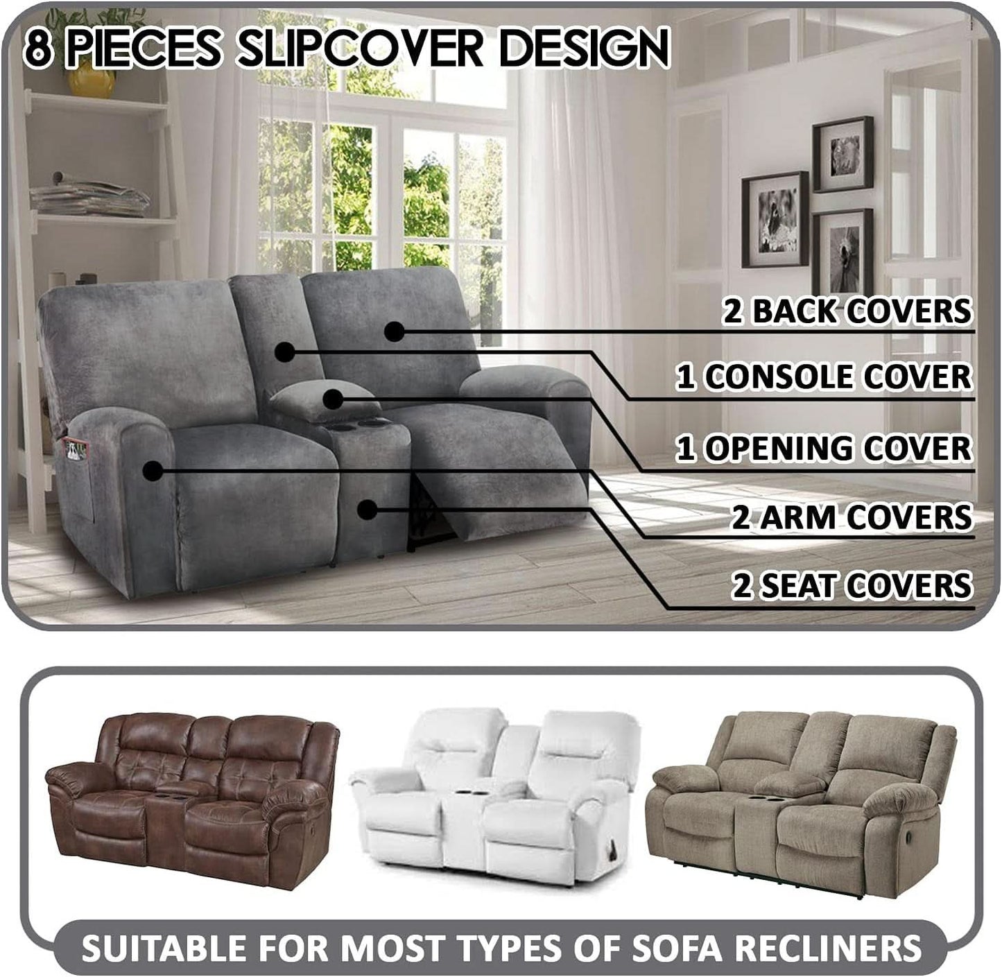 Dark Grey Velvet 8 Piece Reclining Loveseat Slipcover
