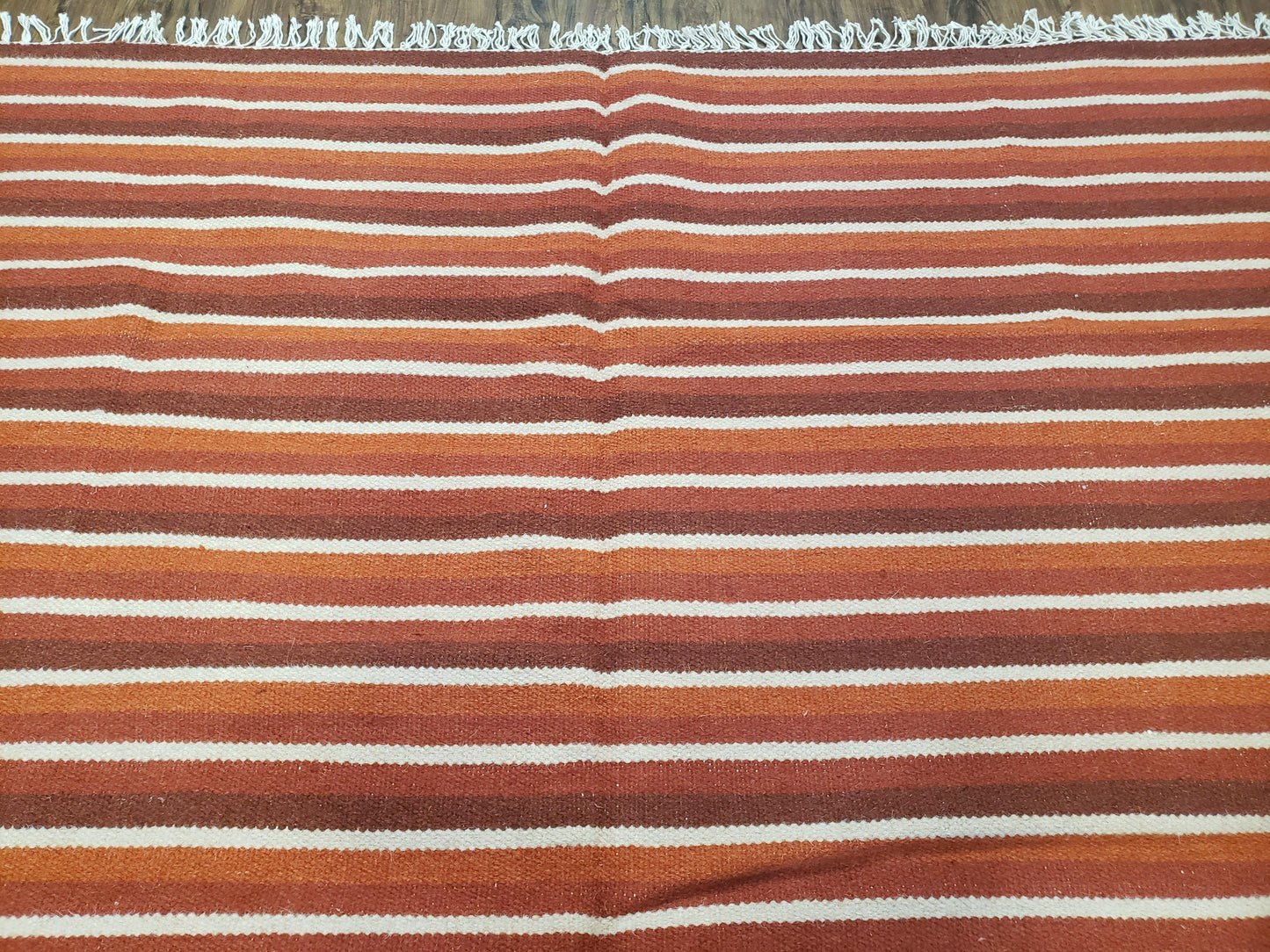 Large Striped Woolen Handmade Throw Blanket, Twin Size Bedding Hand-Woven, Indian Kilim Area Rug, 6x8 - 7x8, South American Style Textile