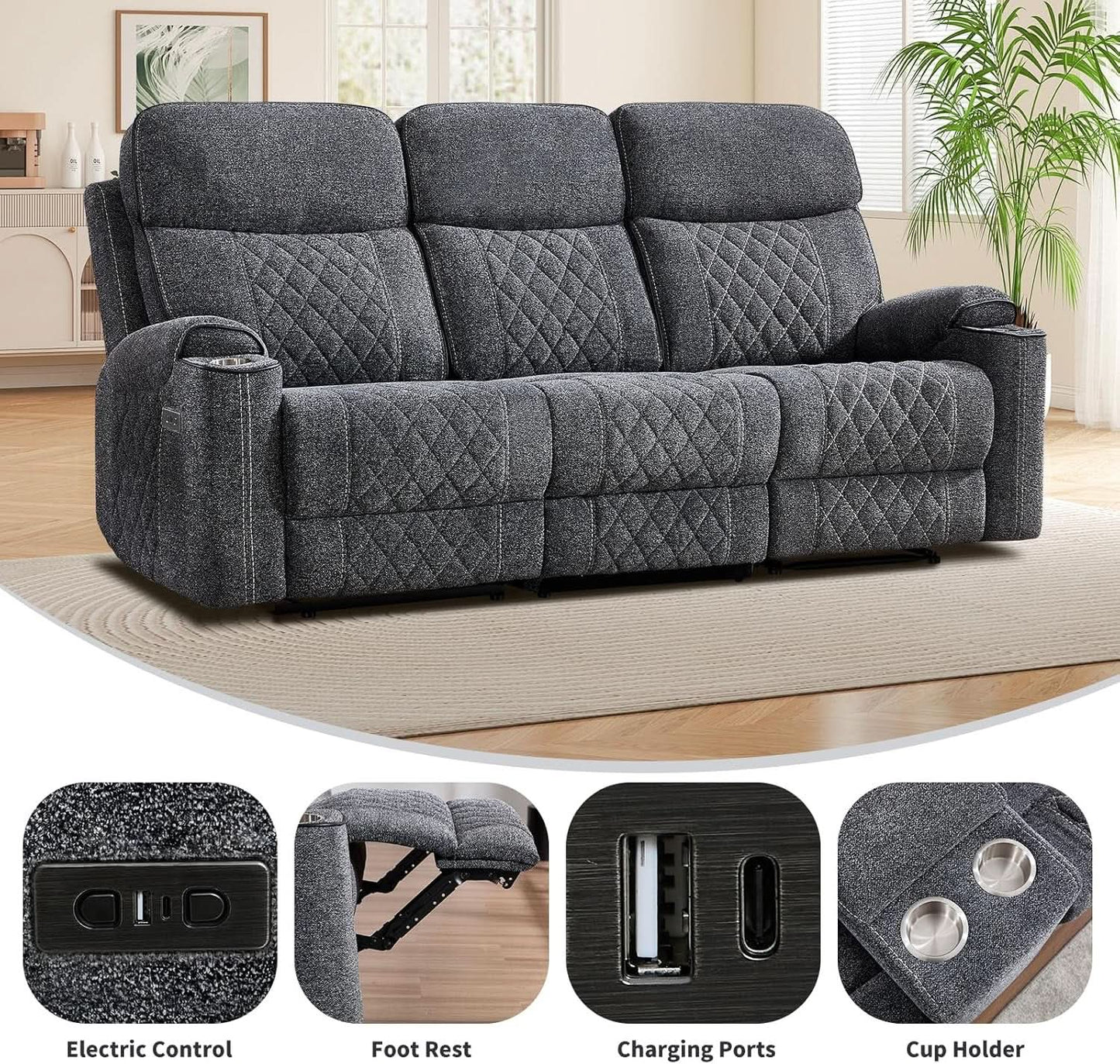 Grey Fabric 3-Seater Electric Recliner Sofa with Cup Holders