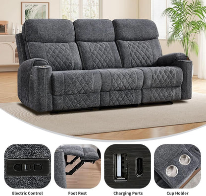 Grey Fabric 3-Seater Electric Recliner Sofa with Cup Holders