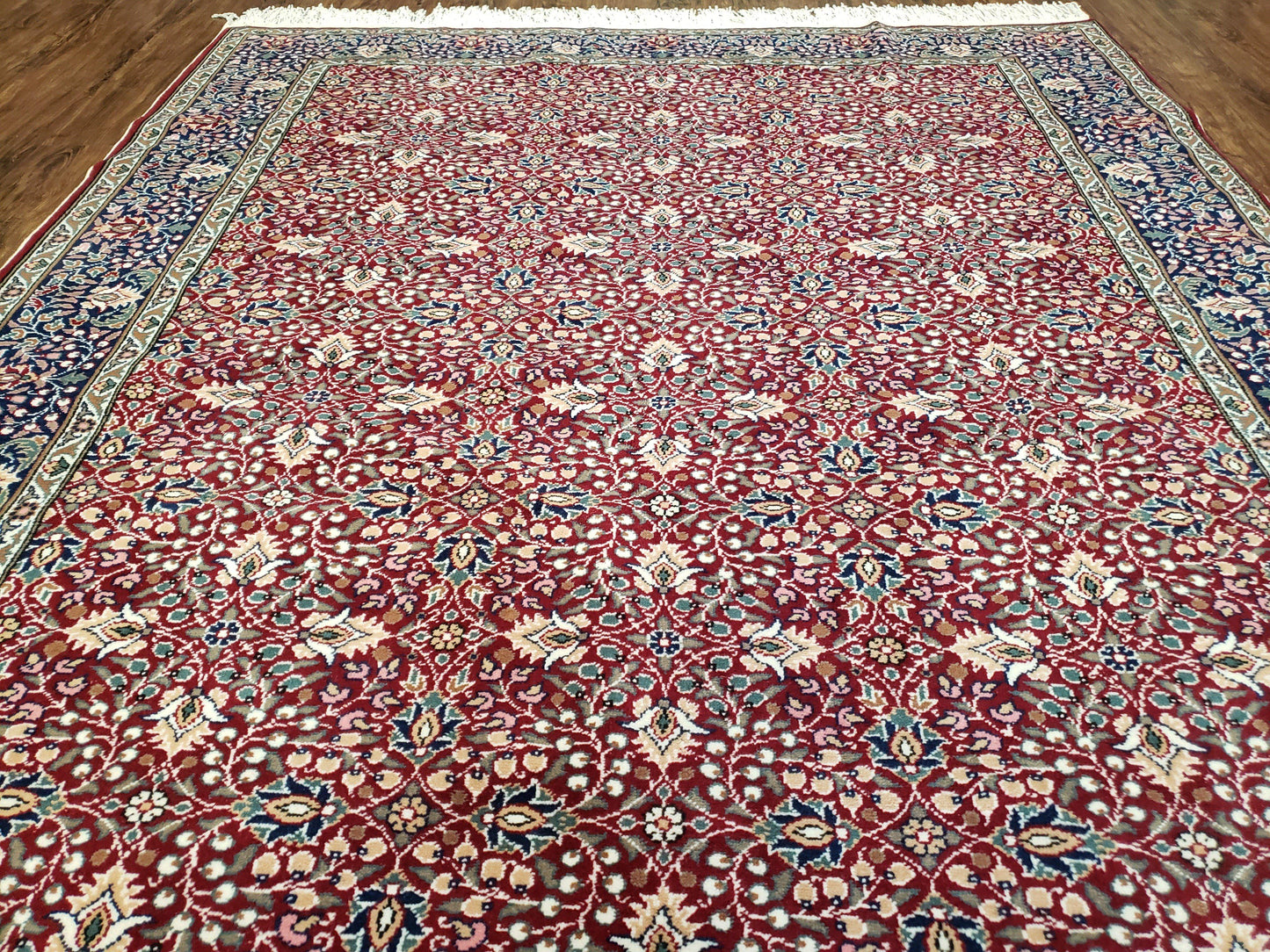 Vintage Turkish Sivas Area Rug 6.5 x 9.5, Wool Hand-Knotted Red & Midnight Blue Allover Floral Pattern Oriental Carpet, 6x9 Traditional Rug