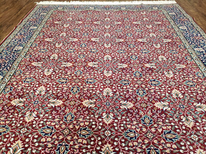 Vintage Turkish Sivas Area Rug 6.5 x 9.5, Wool Hand-Knotted Red & Midnight Blue Allover Floral Pattern Oriental Carpet, 6x9 Traditional Rug