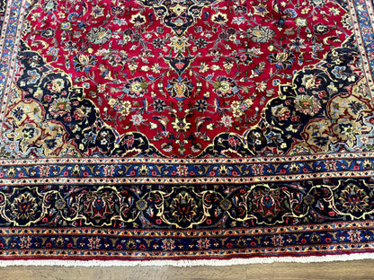 Traditional Persian Rug 8x11, Red Navy Blue, Floral Medallion, Antique Persian Mashad Carpet, Wool