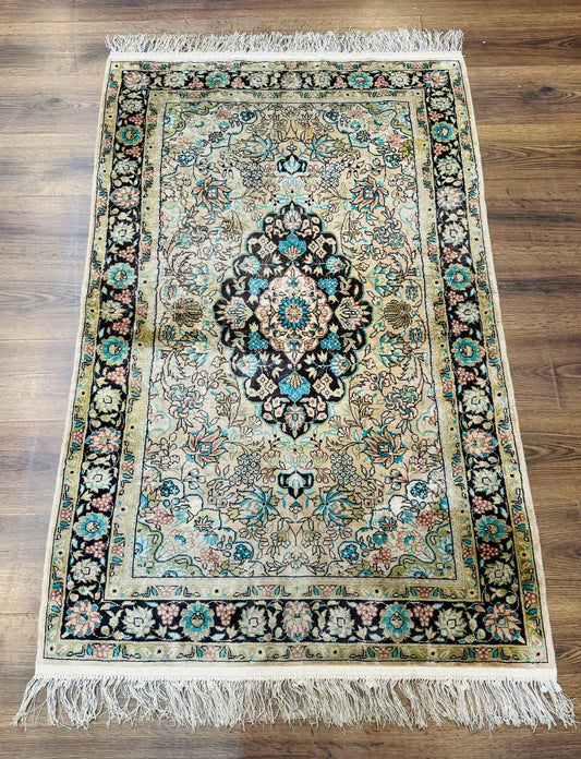 Indian Kashmiri Silk Rug 3x5, Floral Medallion, Fine 200 KPSI