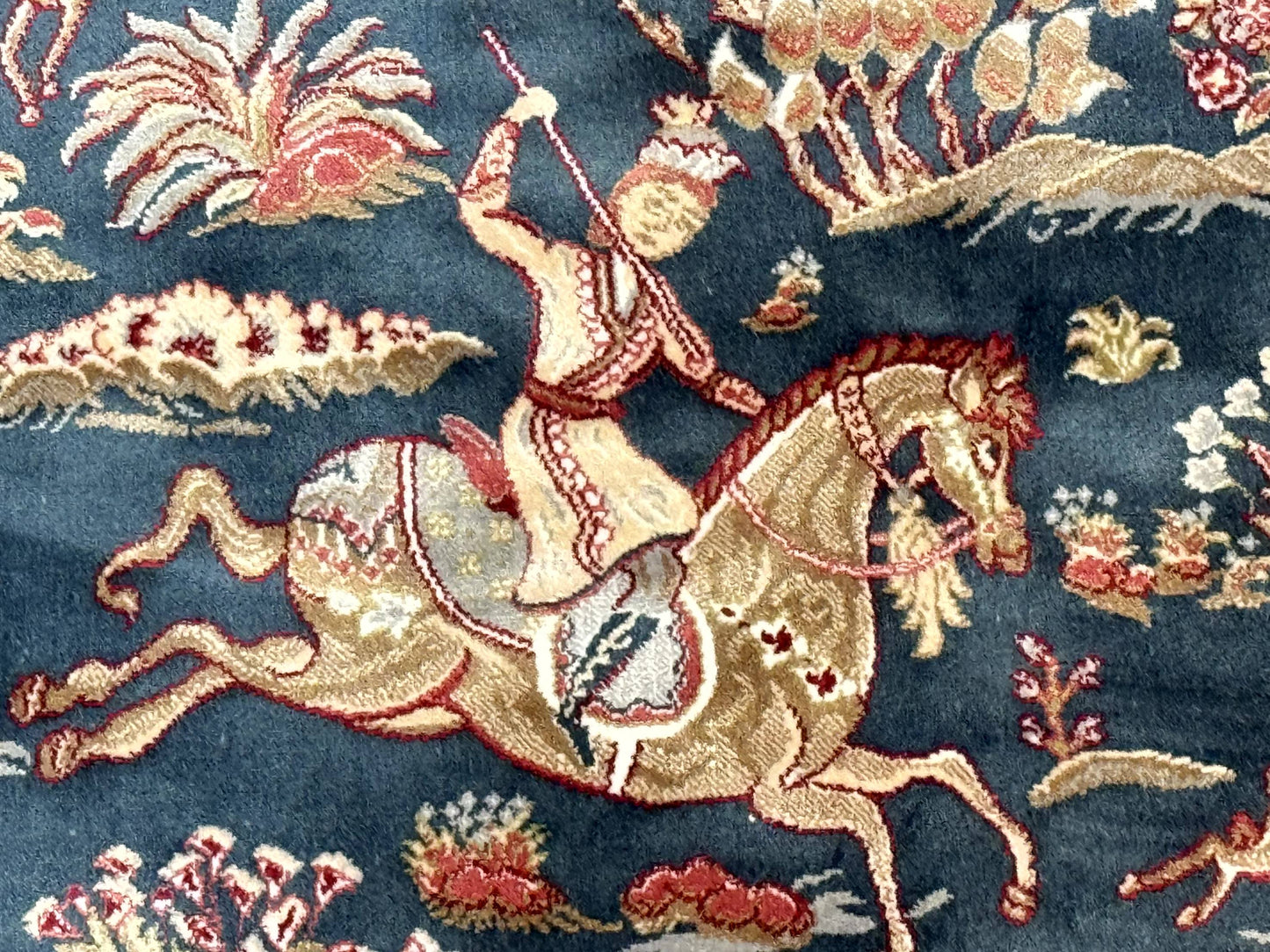 Turkish Silk Hunting Design Rug 4x6, Dark Steel Blue & Ivory, Bamboo Silk, New