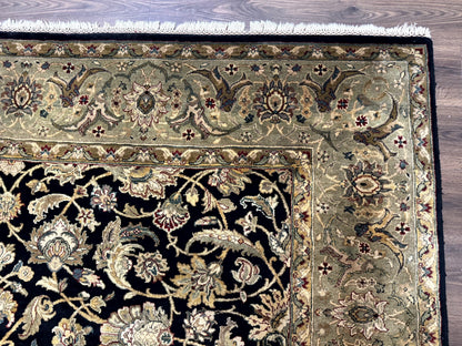 Indo Persian Rug 8x10, Black and Green, Wool, Handmade, Traditional, Floral Allover, Vintage