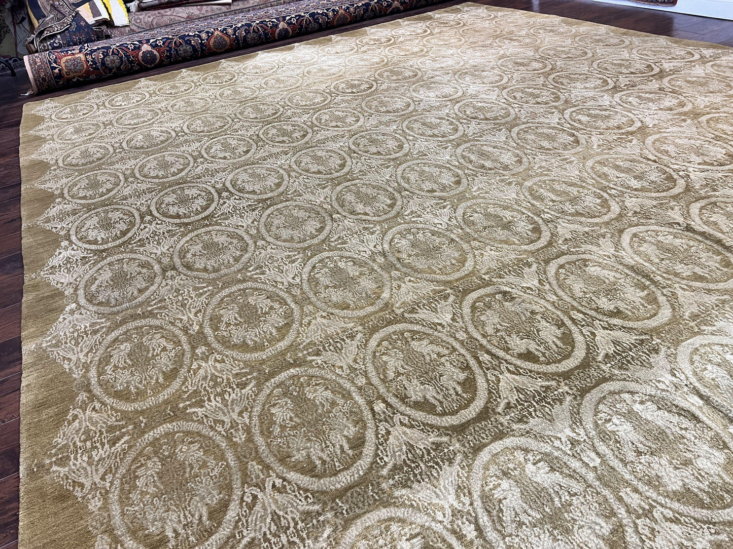 Tibetan Rug 12x15, Wool Hand Knotted Carpet, Odegard Rug, Birds, Olive Green, 12 x 15 Oversized Handmade Contemporary Area Rug, Extra Large